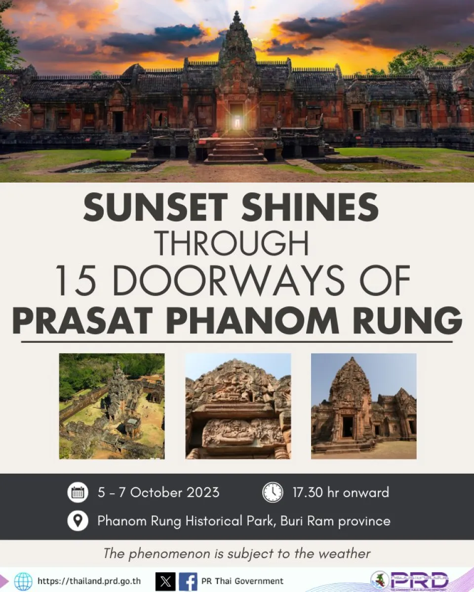 Sunset shines through 15 doorways of Prasat Phanom Rung on 5-7 October 2023