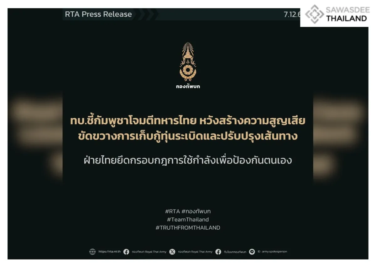 ทบ. ชี้กัมพูชาโจมตีทหารไทย หวังสร้างความสูญเสีย–ขัดขวางภารกิจเก็บกู้ทุ่นระเบิดและปรับปรุงเส้นทางย้ำฝ่ายไทยยึดกรอบกฎการใช้กำลังเพื่อป้องกันตนเองตามหลักสากล