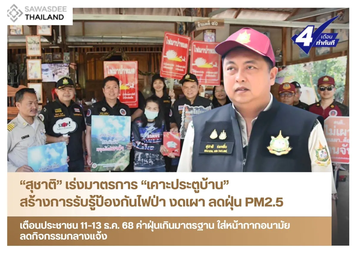 “สุชาติ” เร่งมาตรการ “เคาะประตูบ้าน” สร้างการรับรู้ป้องกันไฟป่า งดเผา ลดฝุ่น PM2.5 เตือนประชาชน 11–13 ธ.ค. 68 ค่าฝุ่นเกินมาตรฐาน ใส่หน้ากากอนามัย ลดกิจกรรมกลางแจ้ง