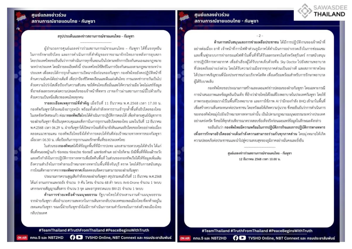 สรุปประเด็นแถลงข่าวสถานการณ์ชายแดนไทย - กัมพูชา ประจำวันที่ 12 ธันวาคม 2568 เวลา 10.00 น.