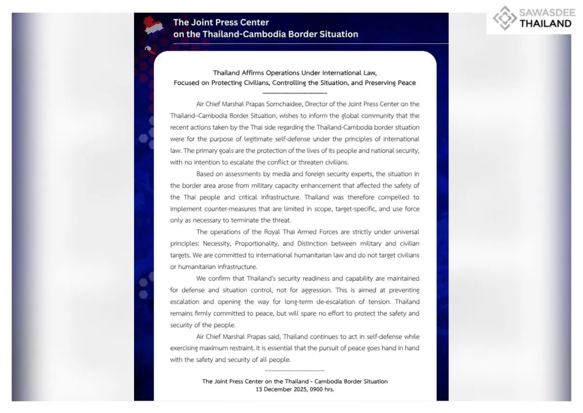 Thailand Affirms Operations Under International Law, Focused on Protecting Civilians, Controlling the Situation, and Preserving Peace