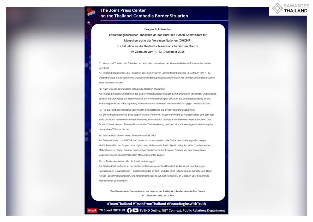 Fragen & Antworten: Erlauterungsschreiben Thailands an das Biiro des Hohen Kommissars fur Menschenrechte der Vereinten Nationen (OHCHR) zur Situation an der thailandisch-kambodschanischen Grenze im Zeitraum vom 7.-13. Dezember 2025