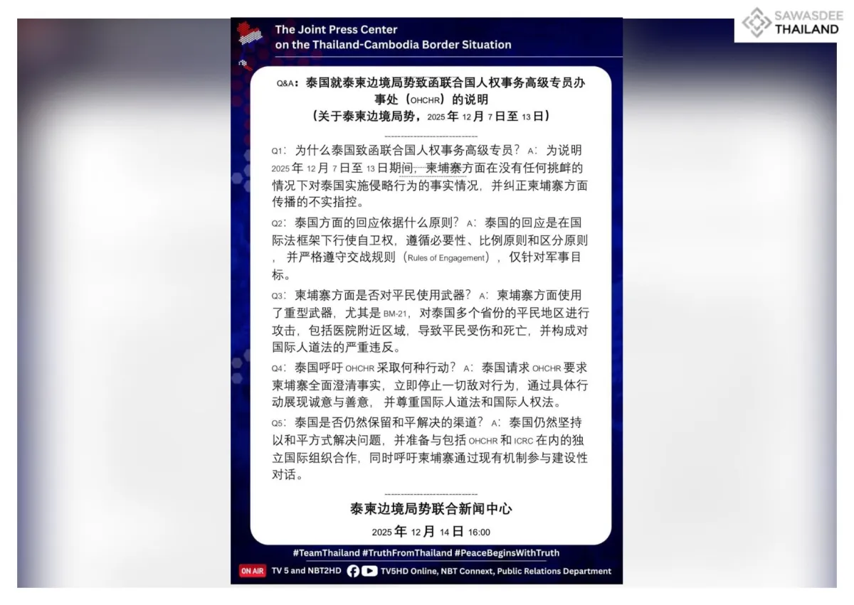 Q&A:泰国就泰柬边境局势致函联合国人权事务高级专员办事处(OHCHR)的说明 (关于泰柬边境局势,2025年12月7日至13日)