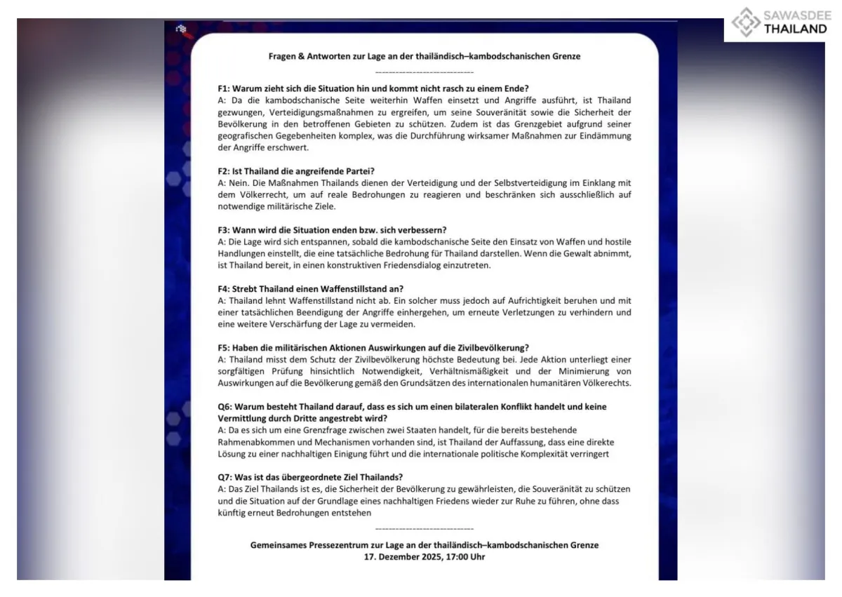 Fragen & Antworten zur Lage an der thailandisch-kambodschanischen Grenze, Gemeinsames Pressezentrum zur Lage an der thailandisch-kambodschanischen Grenze, 17. Dezember 2025, 17:00 Uhr