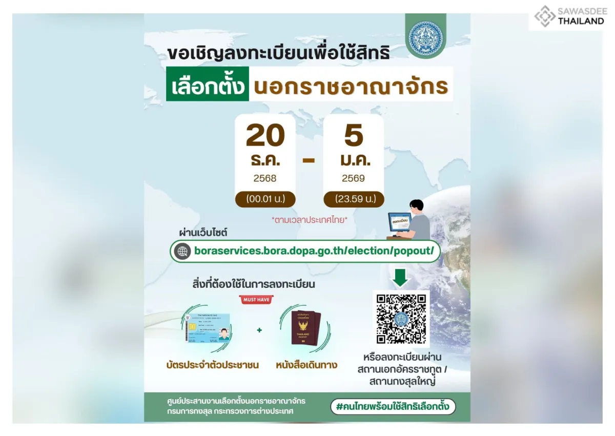 ขอเชิญลงทะเบียนเพื่อใช้สิทธิเลือกตั้งนอกราชอาณาจักร