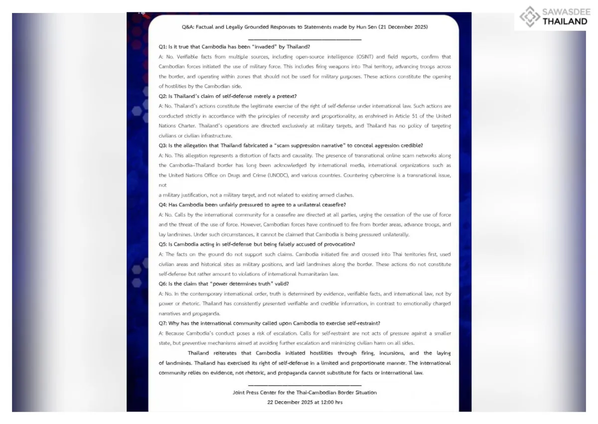 Q&A: Factual and Legally Grounded Responses to Statements made by Hun Sen (21 December 2025), Joint Press Center on the Thailand-Cambodia Border Situation