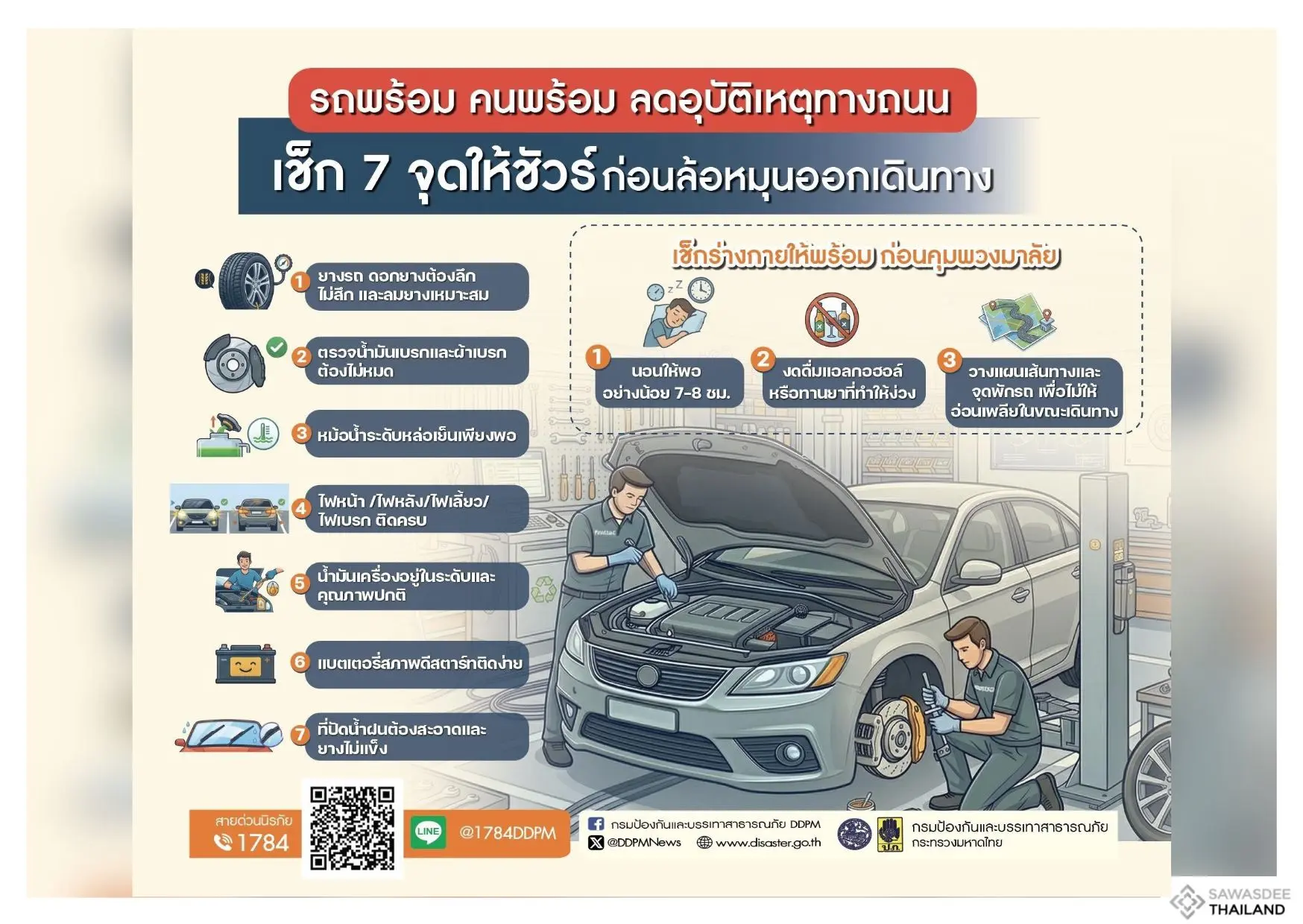 รู้ทันภัยกับ ปภ. รถพร้อม คนพร้อม ลดอุบัติเหตุทางถนน เช็ก 7 จุดให้ชัวร์ก่อนล้อหมุนออกเดินทาง
