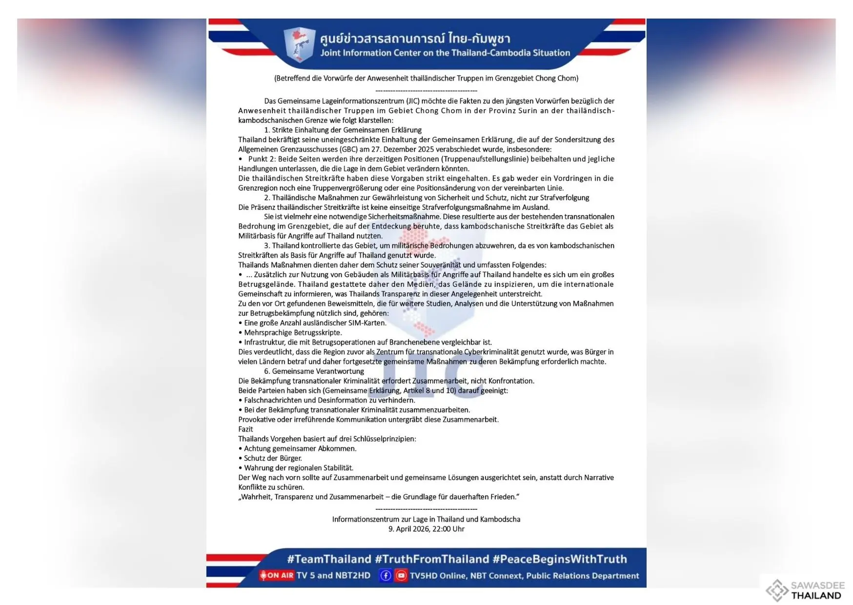 Betreffend die Vorwurfe der Anwesenheit thailandischer Truppen im Grenzgebiet Chong Chom